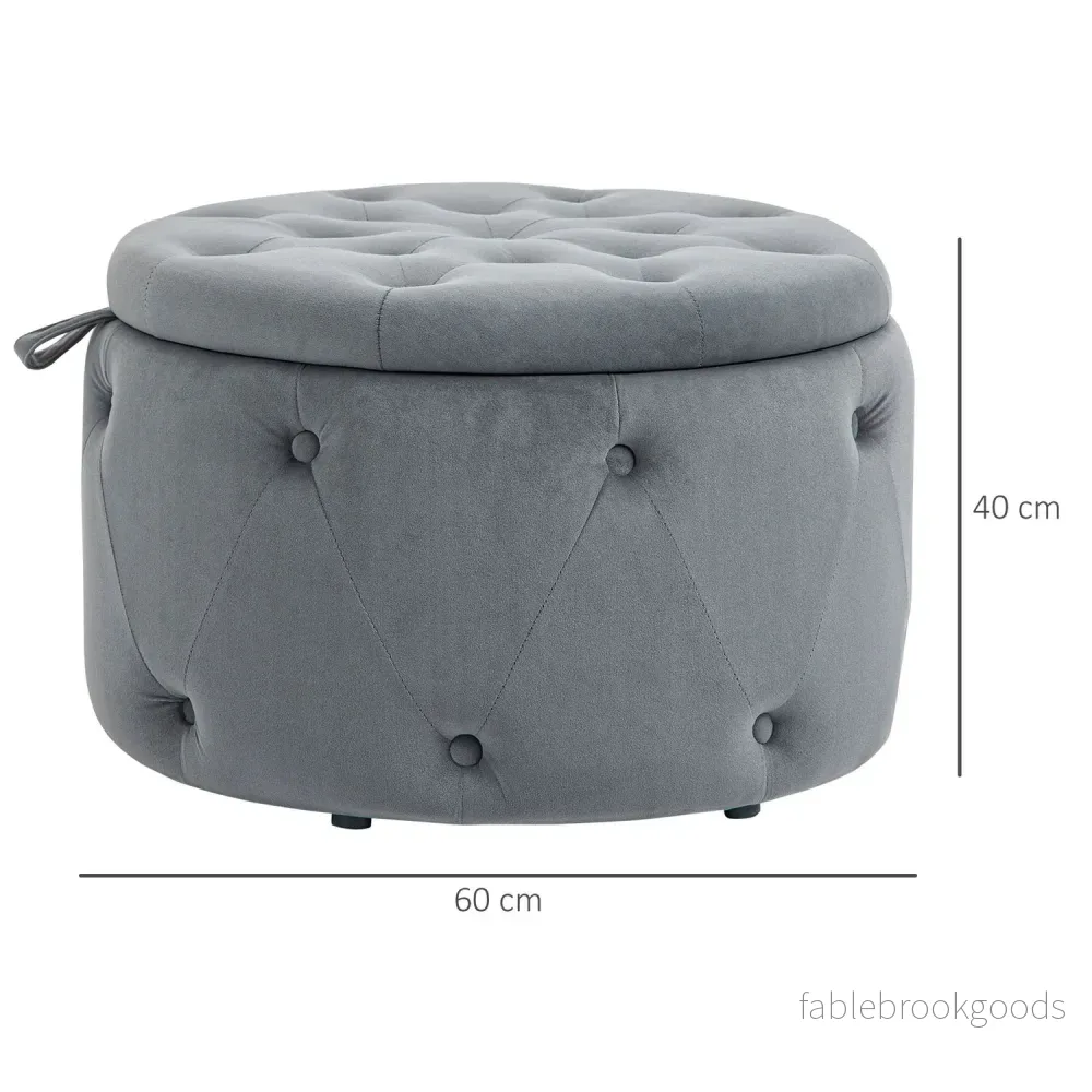 Rund stoppad ottoman med förvaring, sammetslook, grå - Bild 3