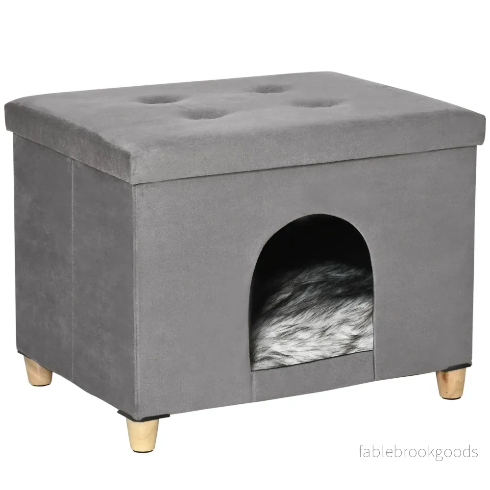 2-i-1 Cat Cave Fotpall med kudde, träben, grå
