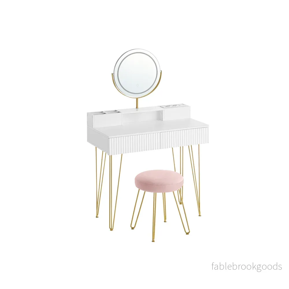 Sminkbord med belysning och pall – Matt vitguld Sminkbord med belysning och pall – Matt vitguld