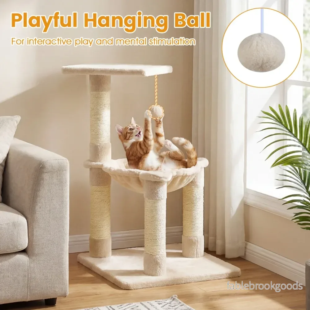 Kattträd – Utsiktsplats Hängmatta Sisal Kratstammar Boll Klättringsplattförmar – 64 Cm – Beige - Bild 3