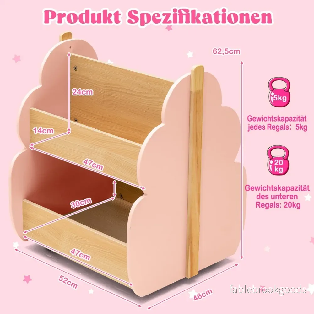 Barnbokhylla – i trä med universalhjul nivåer Leksakshylla på – 2 – Rosa - Bild 2