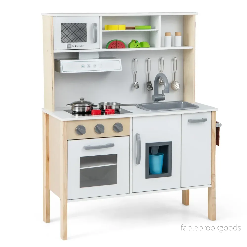 Barnkök – Lek Set Trä Kök med Mikrovågsugn – 72 x 30 x 90 cm – Vit