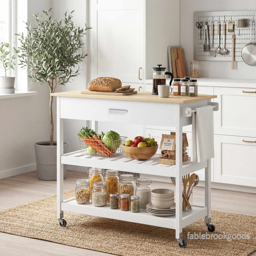 Rullande köksö med förvaring, stor bänkskiva, vit - Bild 2