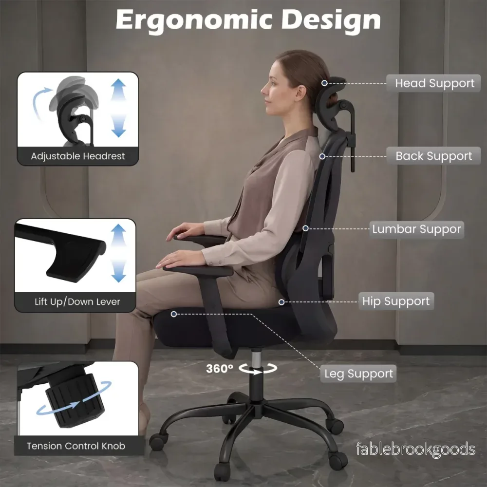 Ergonomisk – kontorsstol med justerbar huvudstöd och ländryggsstöd skrivbordsstol – Svart - Bild 2