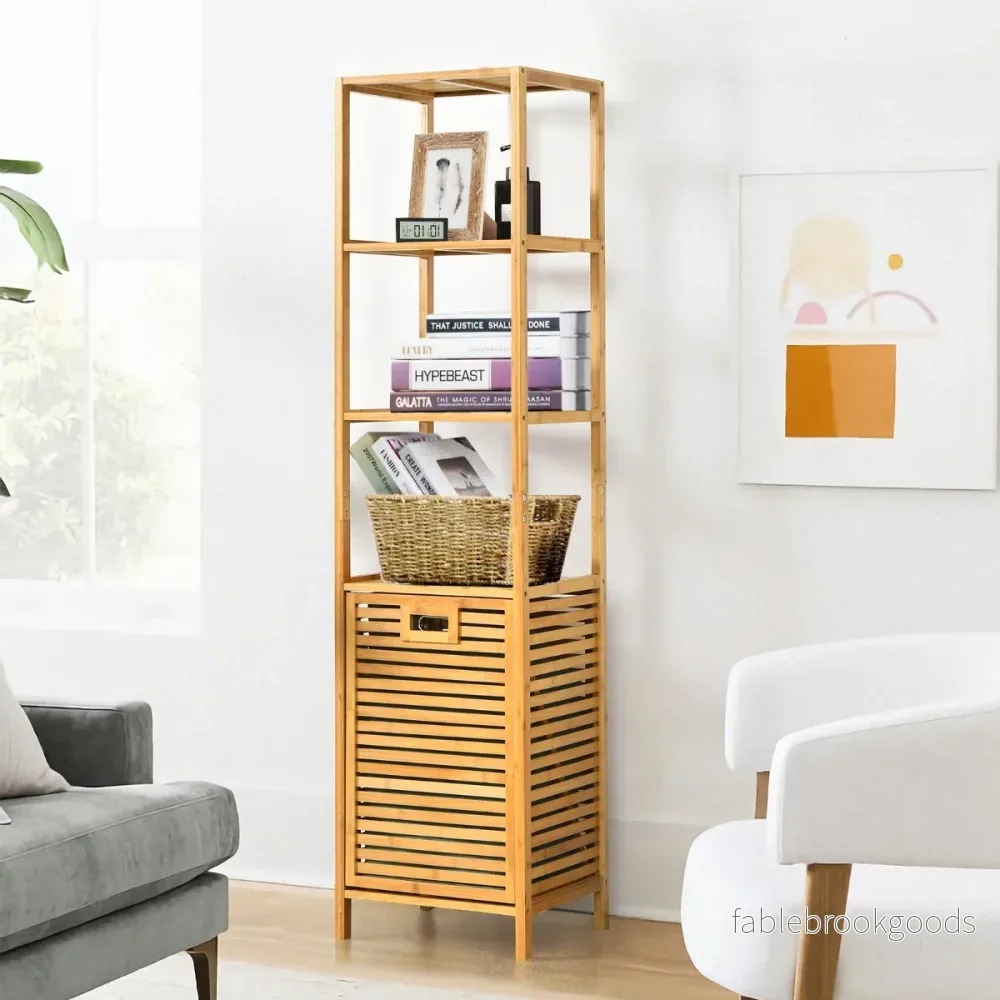 Högt – badrumsskåp med tvättkorg Tillverkat av bambu hyllor Perfekt för Naturlig – 40 x 33 x 160 cm – Natur - Bild 3