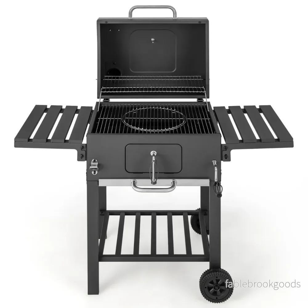Kolgrill – med lock och fällbara sidobord krokar termometer flasköppnare – 2 8 – Svart - Bild 2