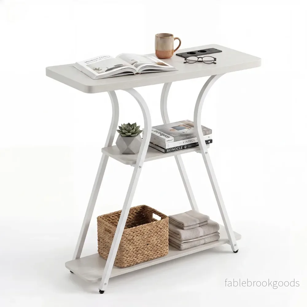 Konsolbord – med LED belysning och laddstation, smalt hallbord hyllor, metallram fjärrkontroll Vitt – 3 – Vit