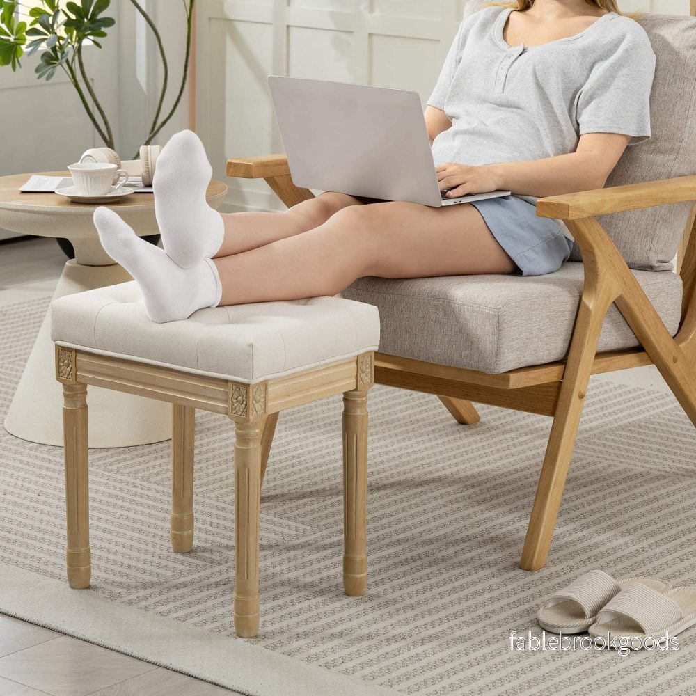 Linnefotbänk, stoppad sits, träben, 42x32x46,5 cm, beige - Bild 2