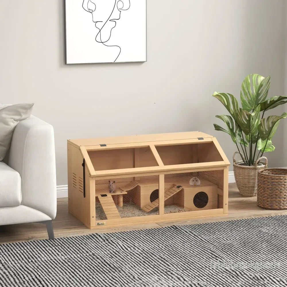 Smådjursbur i trä med bro, stegar, hydda – 84x45x44 cm - Bild 2