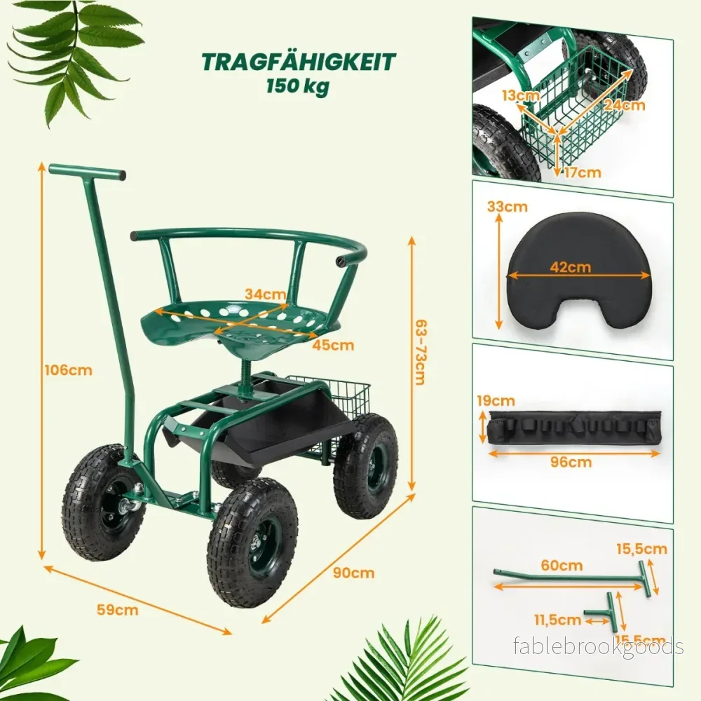 Rullstol – med hjul 360° vridbar höjdjusterbar mobil trädgårdsstol – 90 x 59 x 106 cm – Grön - Bild 2