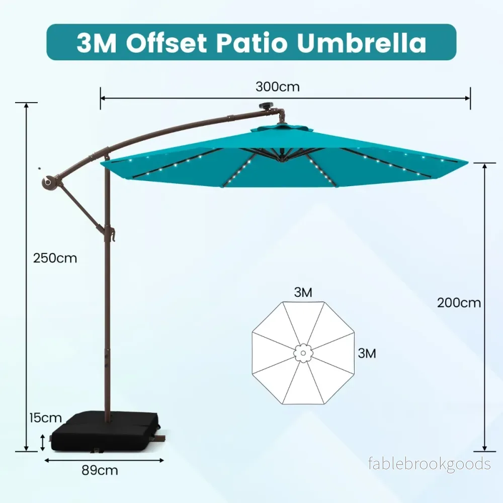 Fribärande – parasoll med solar LED lampor och sandsäckar vev UV skydd – 40 Ø 300 cm – Turkos - Bild 2