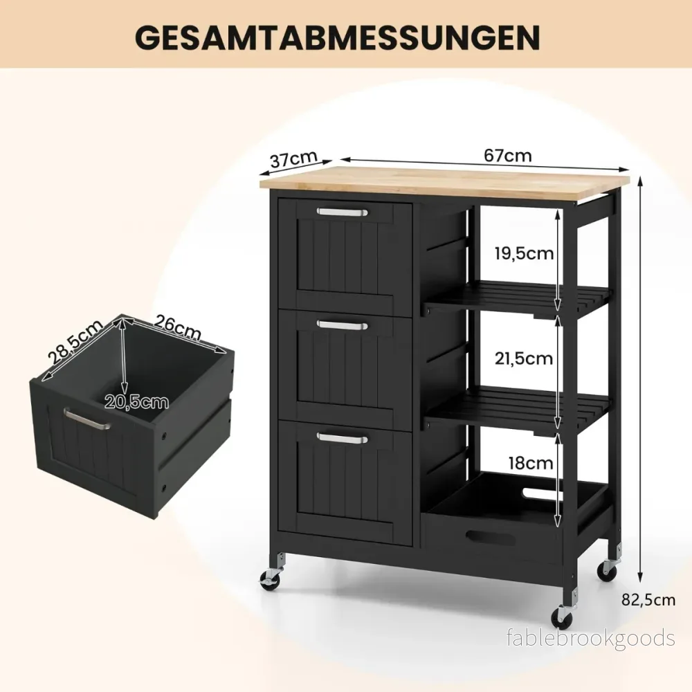 Multifunktionsvagn – köksö på hjul med förvaringsutrymme – 67 x 37 x 84 cm – Svart - Bild 2