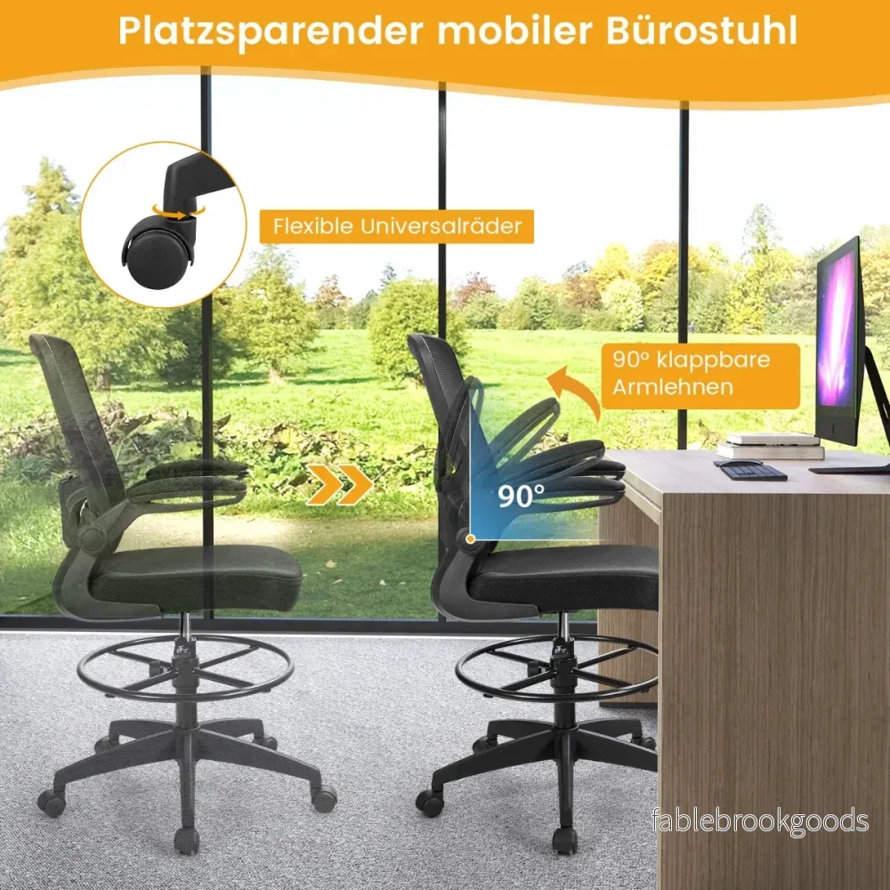 Hög – rygg Mesh datorstol med uppfällbara armstöd och fotstödsring – Svart - Bild 2