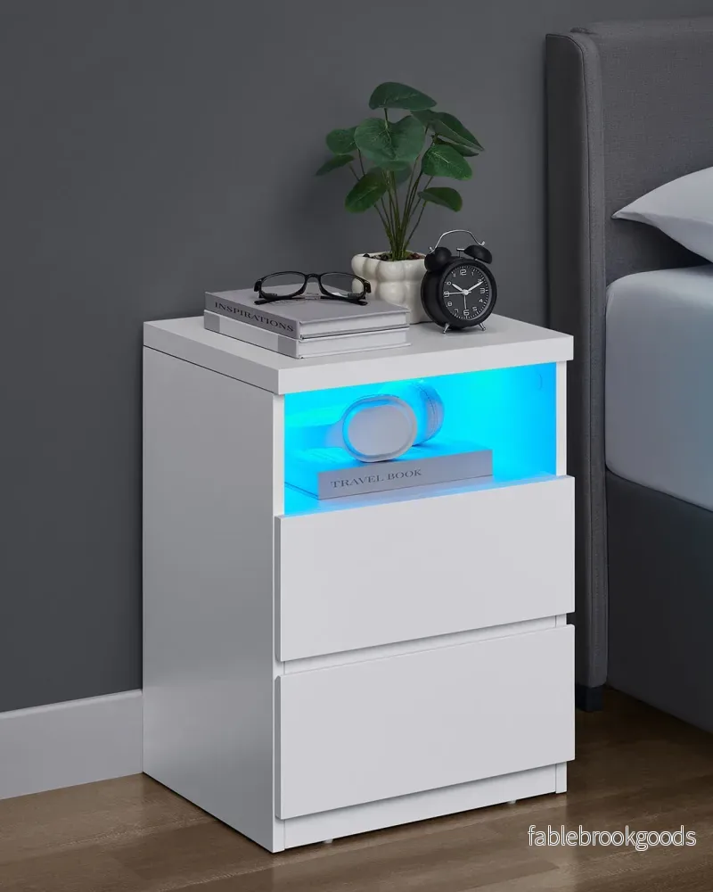 Sängbord med LED-belysning – Trä – Molnvit - Bild 2