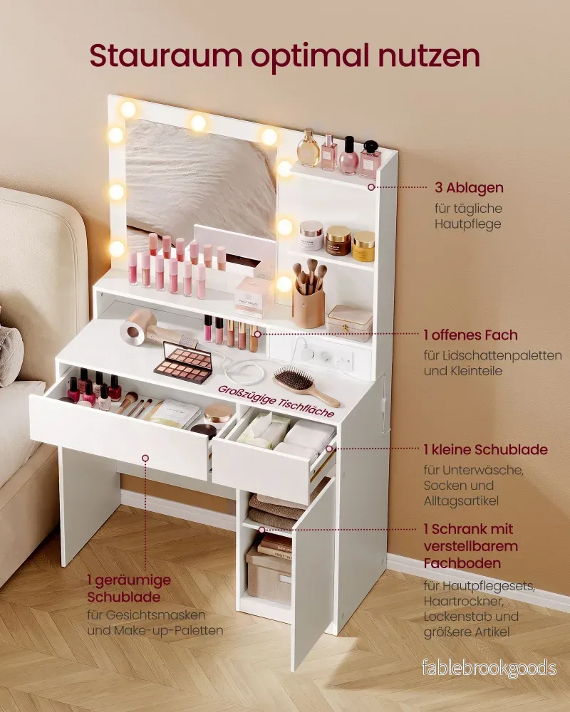 Kaptafel - Met Verlichte Spiegel en Schuifladen - Matwit - 80 x 80 x 144,3 cm - Bild 3