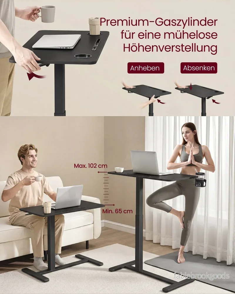 Bijzettafel - Mobiel met Wielen en Bekerhouders - Zwart - 80 x 45 x (65-102) cm - Bild 3