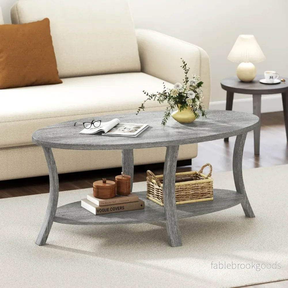 Oval – soffbord med hylla Vardagsrumsbord våningars sidobord Kaffebord – 2 – Grå - Bild 3