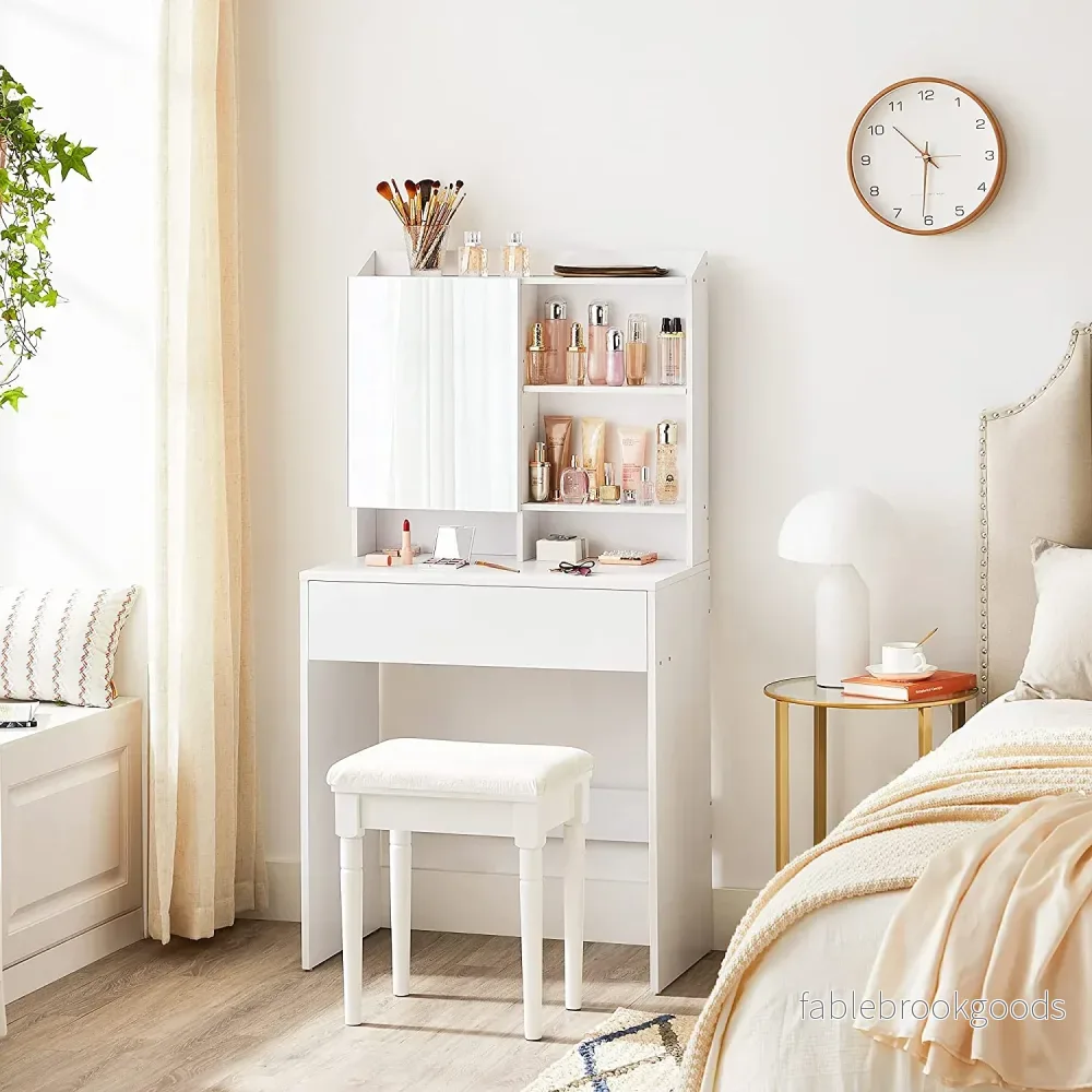 Sminkbord – Med spegel och låda – Vit - Bild 3