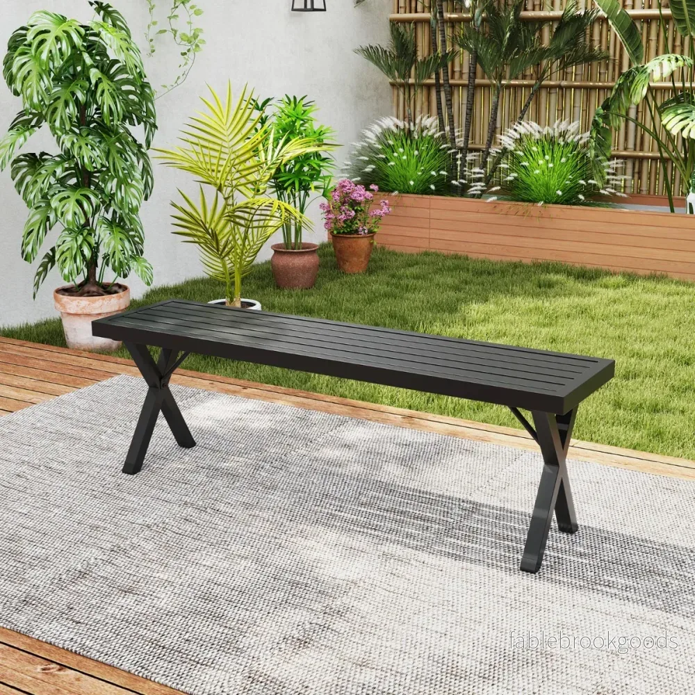 Metall – sits trädgårdsbänk utan ryggstöd Väderbeständig sittbänk Balkongbänk Parkbänk – 3 – Svart - Bild 3