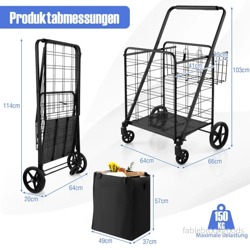 Fällbar – shoppingvagn med hjul och avtagbar Oxford väska korgar – 2 – Svart - Bild 2