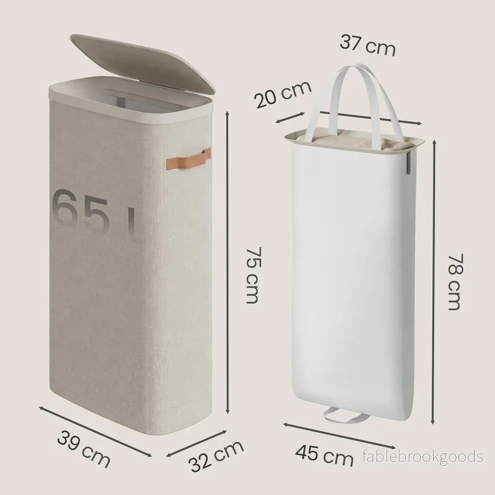 Wasmand - 65 liter - 39 x 22 x 75 cm - met deksel en handvatten - beige - maximaal 10 kg - Bild 3