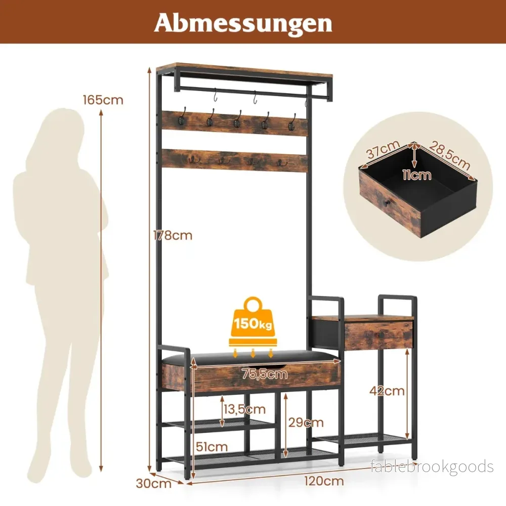 Klädhängare – med skohylla och krokar låda Garderob Entrébank – 12 – Brun - Bild 2