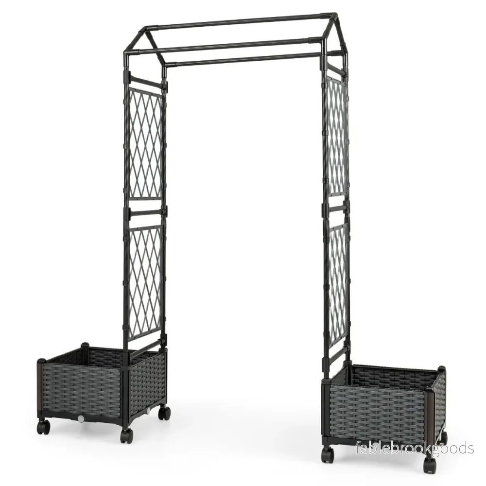 Blomlåda – med klätterstöd och hängande tak Höglätt på låsbara hjul – 154 x 40 x 162 cm – Grå