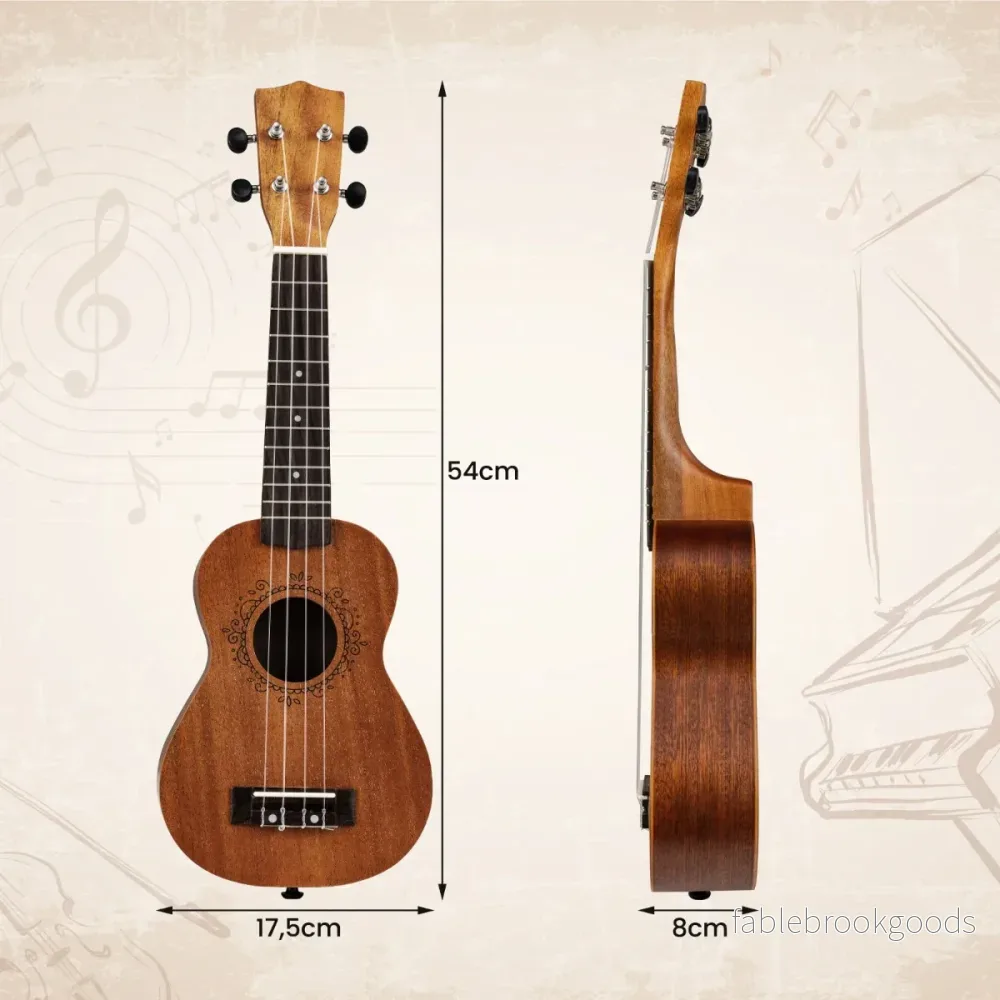 Tum – Ukulele Mahogny Trä Set med Bärväska Plektrum justerbar Rem – 21 – Natur - Bild 2