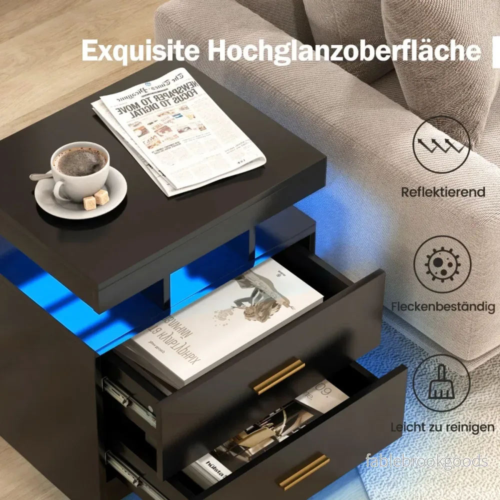 Sängbord – med LED belysning Nattduksbord Sidobord lådor – 2 50 x 40 x 58 cm – Svart - Bild 2