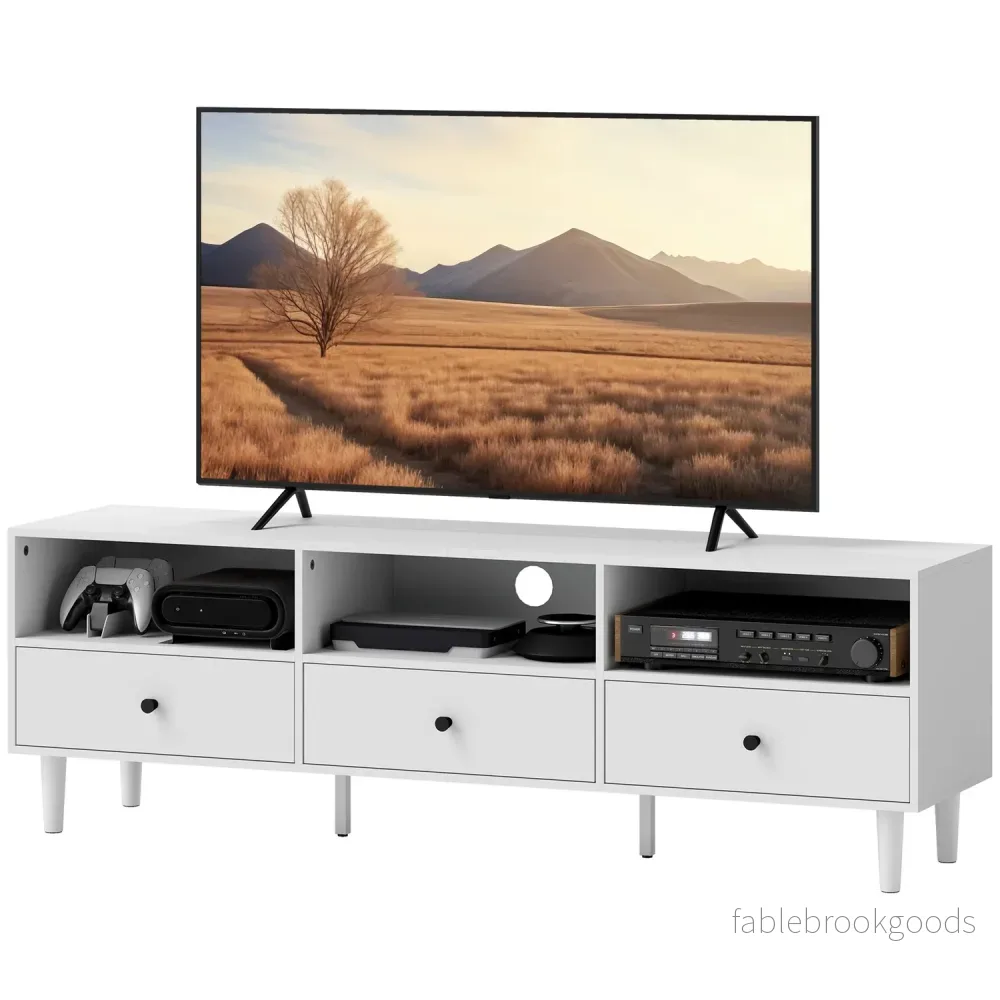 Vit TV-skåp med lådor, Kabelhantering, 140 cm Vit TV-skåp med lådor, Kabelhantering, 140 cm