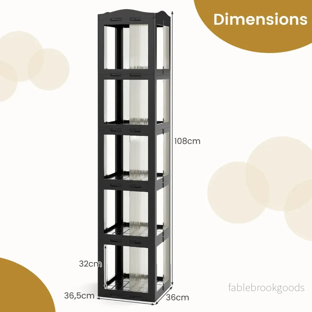 360° – Svängbar Bokhylla Ihopfällbar Ställhylla Transparent Kontorshylla – 36.5 x 36 x 174 cm – Svart - Bild 2