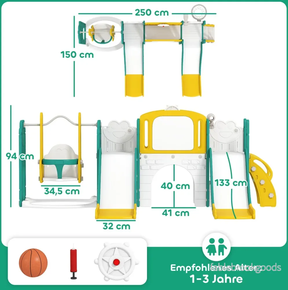 Småbarnsrutschkana och gungset med basketbåge, gul/grön - Bild 3