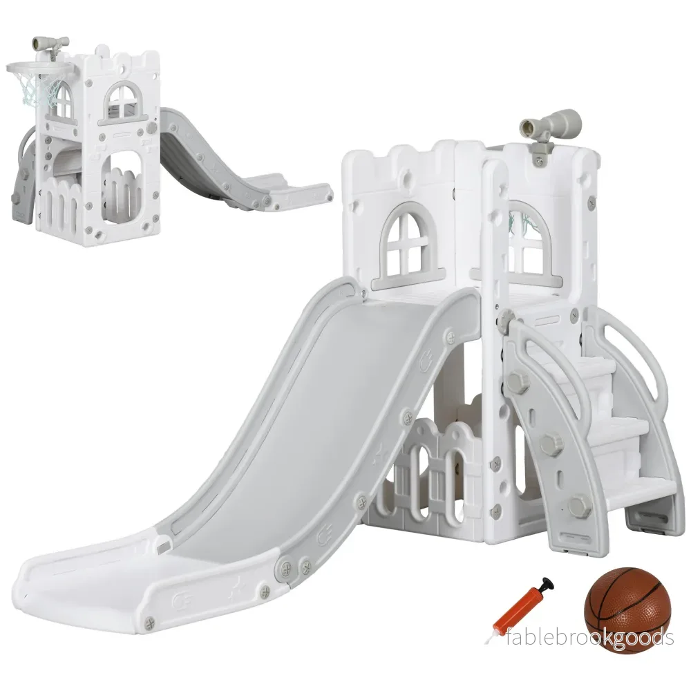 Småbarnsrutschkana 5-i-1 med basketkorg, grå, 70x177x92 cm