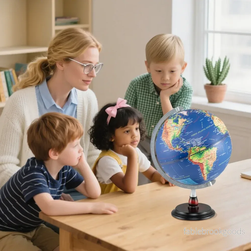Upplyst – glob med träbas Pedagogisk/geografisk Världskula – Ø 30 cm – Blå - Bild 3