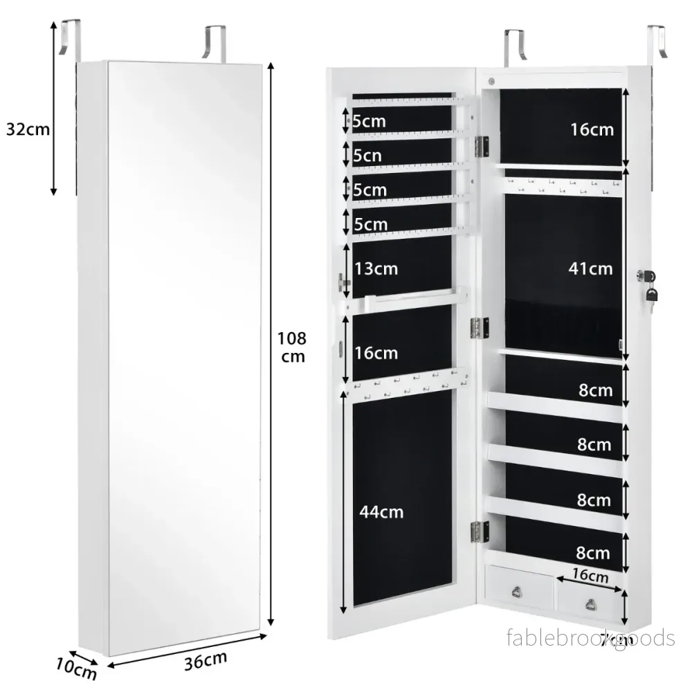Speglad – smyckesskåp Låsbart vägg /dörrmontering – 36 x 10 x 108 cm – Vit - Bild 2