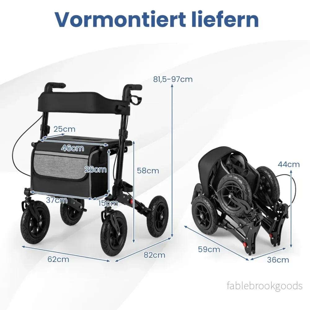 Fällbar – och lätt rollator med luftdäck sittplats i aluminium upp till i rullstol – 140 kg 2 1 – Svart - Bild 2