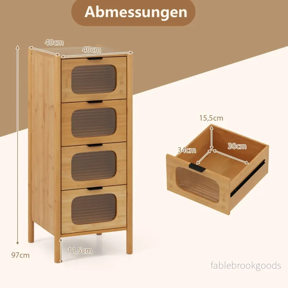 Kommodeskåp – med lådor, sidobord i bambu och härdat glas, – 4 40 x 40 x 97 cm – Natur - Bild 2
