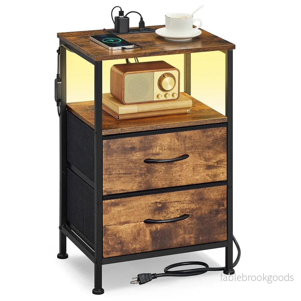 Nachtkastje – Ledverlichting – Met Oplaadstation – 2 Lades – Vintage Bruin-Zwart Nachtkastje – Ledverlichting – Met Oplaadstation – 2 Lades – Vintage Bruin-Zwart