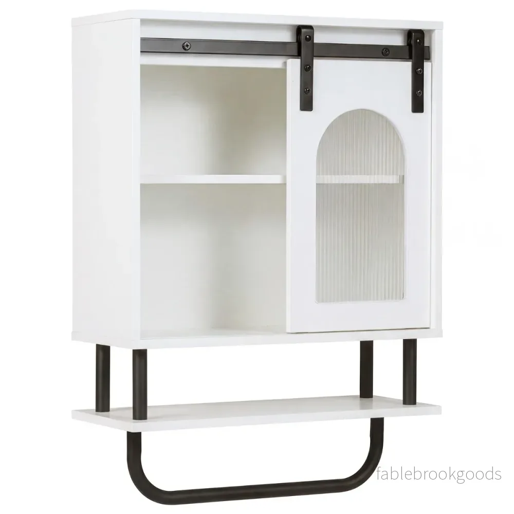 Väggmonterat – badrumsskåp med handdukshållare och öppen hylla Hängskåp – Vit
