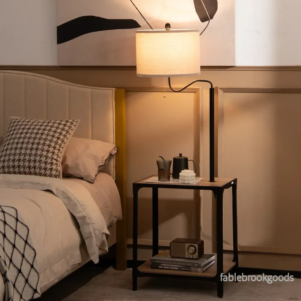 Modernt – sidobord med bordslampa och 360° roterande sänglampa – 49 x 34 x 144 cm – Brun