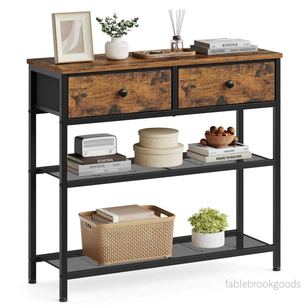 Consoletafel – 76 cm Breed – 2 Stoffen Lades – Smal – Vintage Bruin Consoletafel – 76 cm Breed – 2 Stoffen Lades – Smal – Vintage Bruin