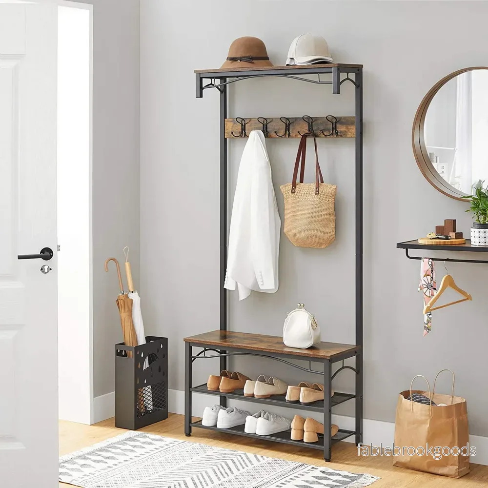 Klädhängare med sits och 5 krokar – industri – vintage brun, svart - Bild 3