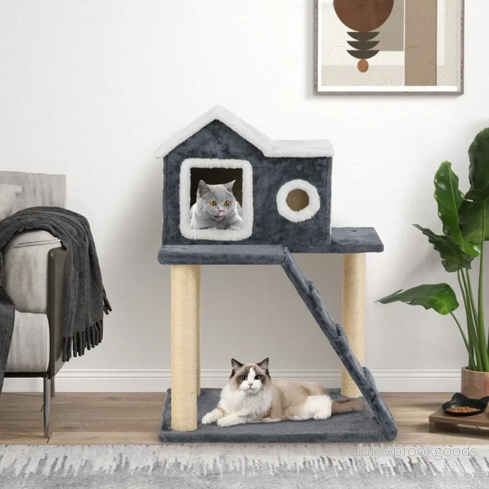 Hög – skrapstolpe med stor grotta och stege sisalstolpar Cat Tree Climbing – 90 cm – Grå - Bild 2