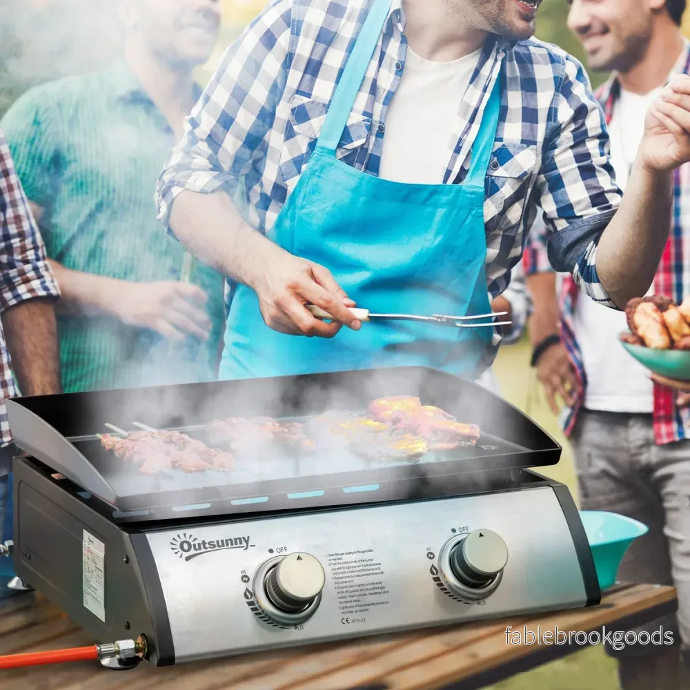 Gasgrill för bord - 2 brännare, rostfritt stål, non-stick