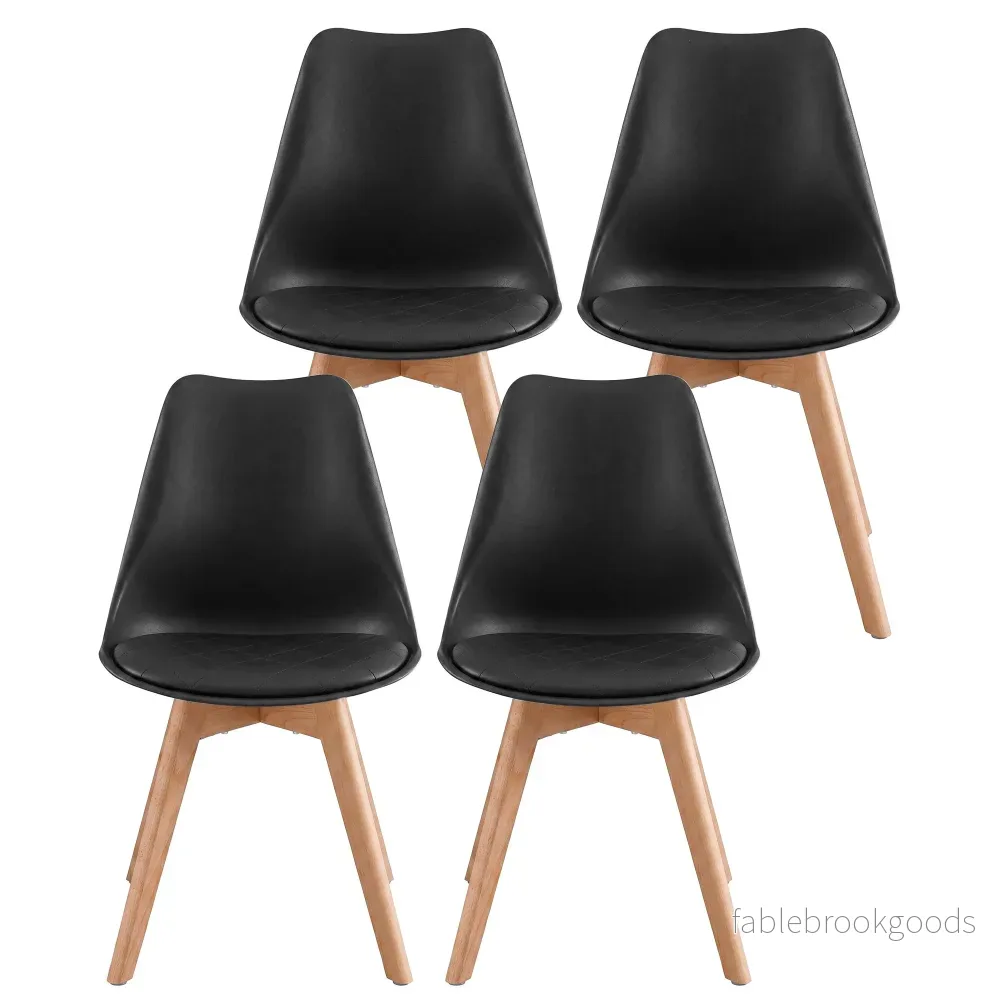Eetkamerstoelen – Set van 4 – PU-Leer – Beukenhouten Poten – Zwart Eetkamerstoelen – Set van 4 – PU-Leer – Beukenhouten Poten – Zwart