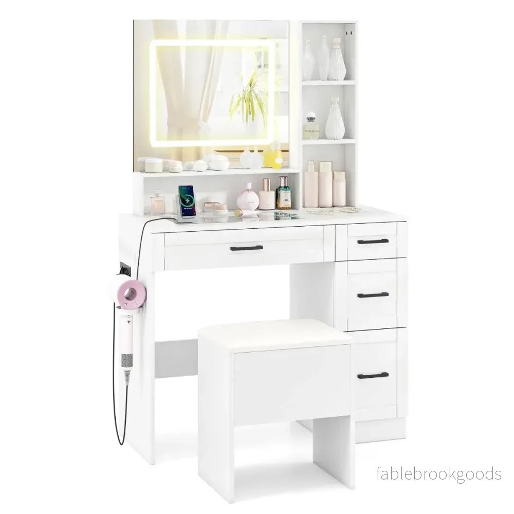 Sminkbord – med spegel och belysning sittpuff utagor – Vit