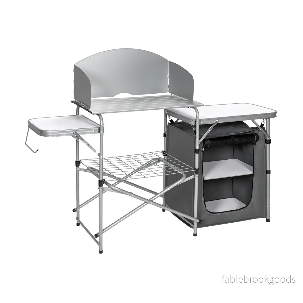 Fällbar – campingköksskåp med vindskydd och förvaringsväska, bärbar campingfällskåp, aluminiumram, – . – Grå