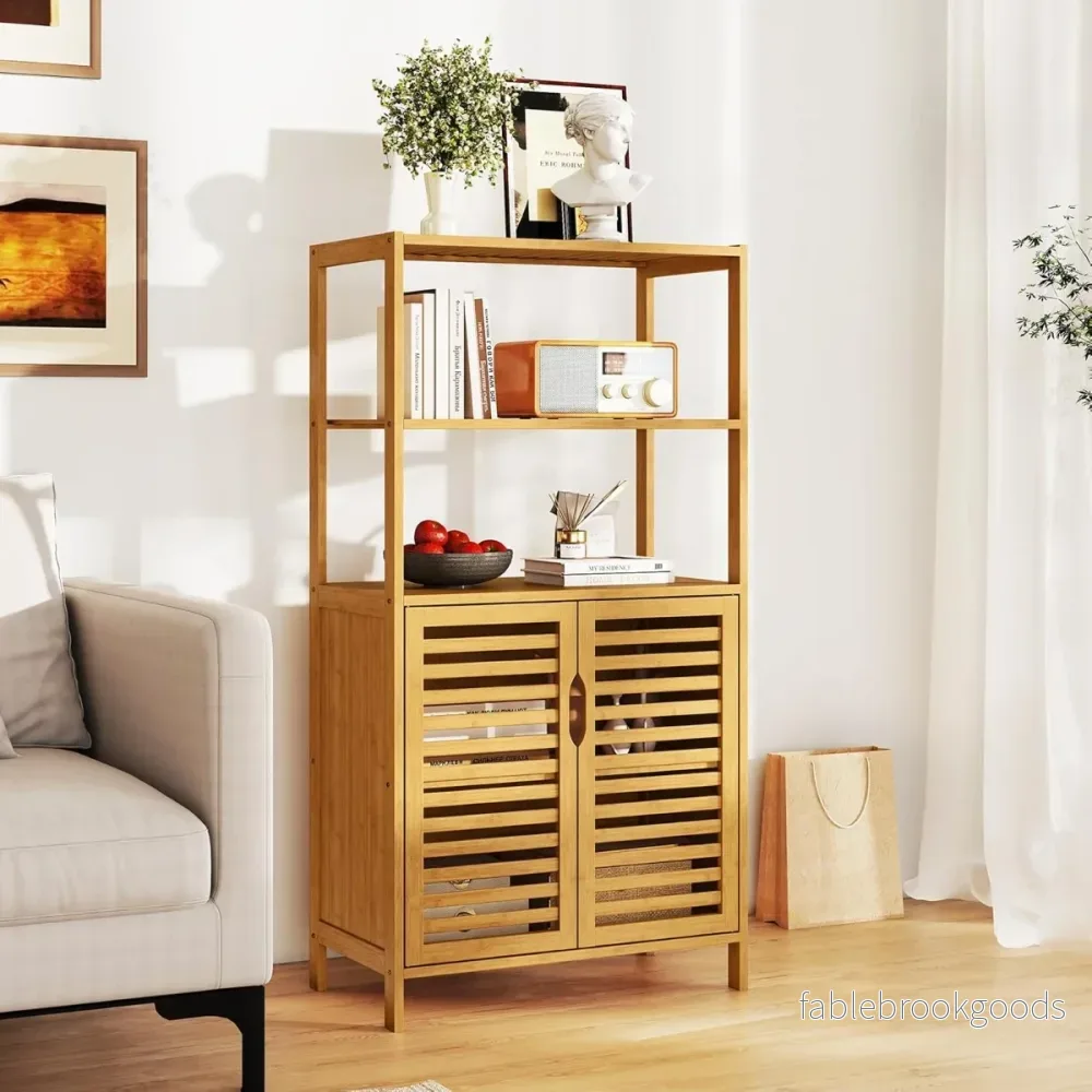 Bambu – bokhylla med dörrar vånings lameldörrskåp – 4 60 x 33 x 116 cm – Natur - Bild 3