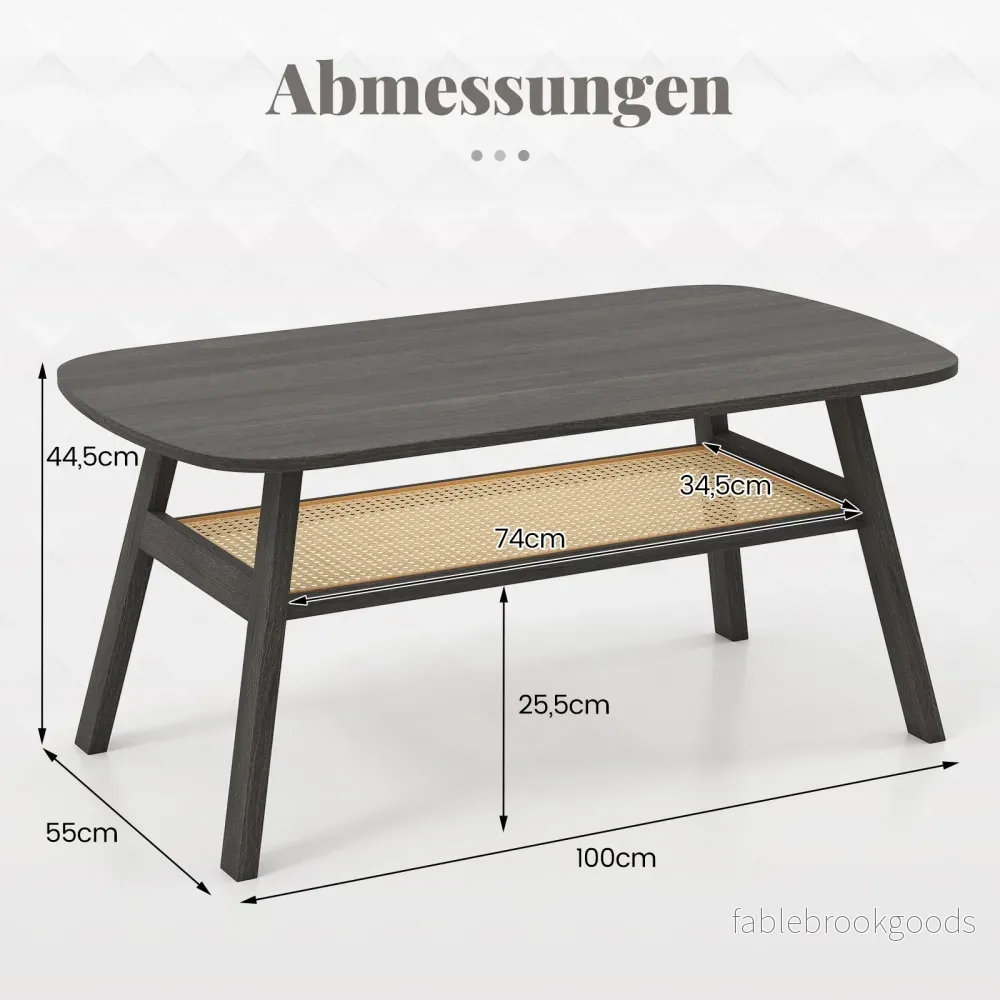 Soffbord – i trä vardagsrumsbord med rattanhylla sidobord nivåer kaffebord rustik – 2 100 x 55 x 44,5 cm – Mörkgrå - Bild 2