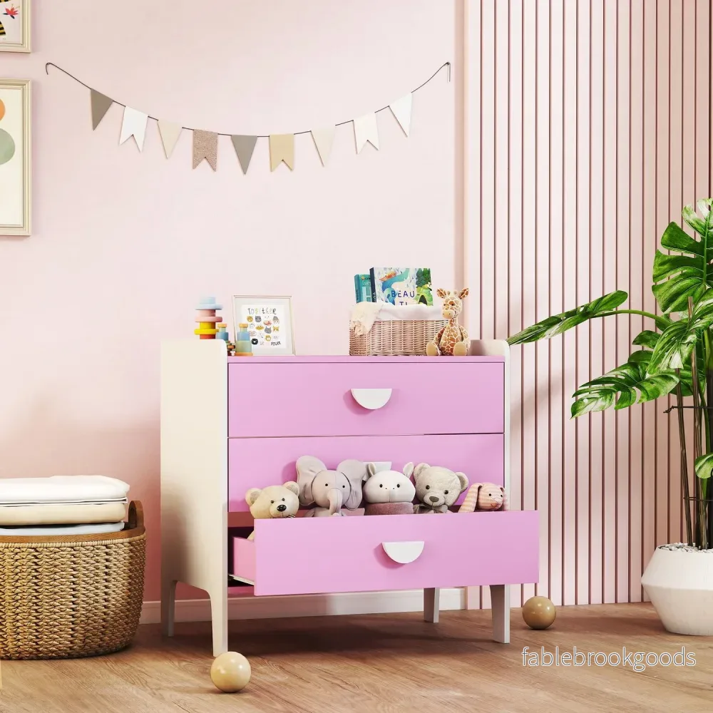 Barnbyrå med 3 lådor, MDF, rosa och vit - Bild 2